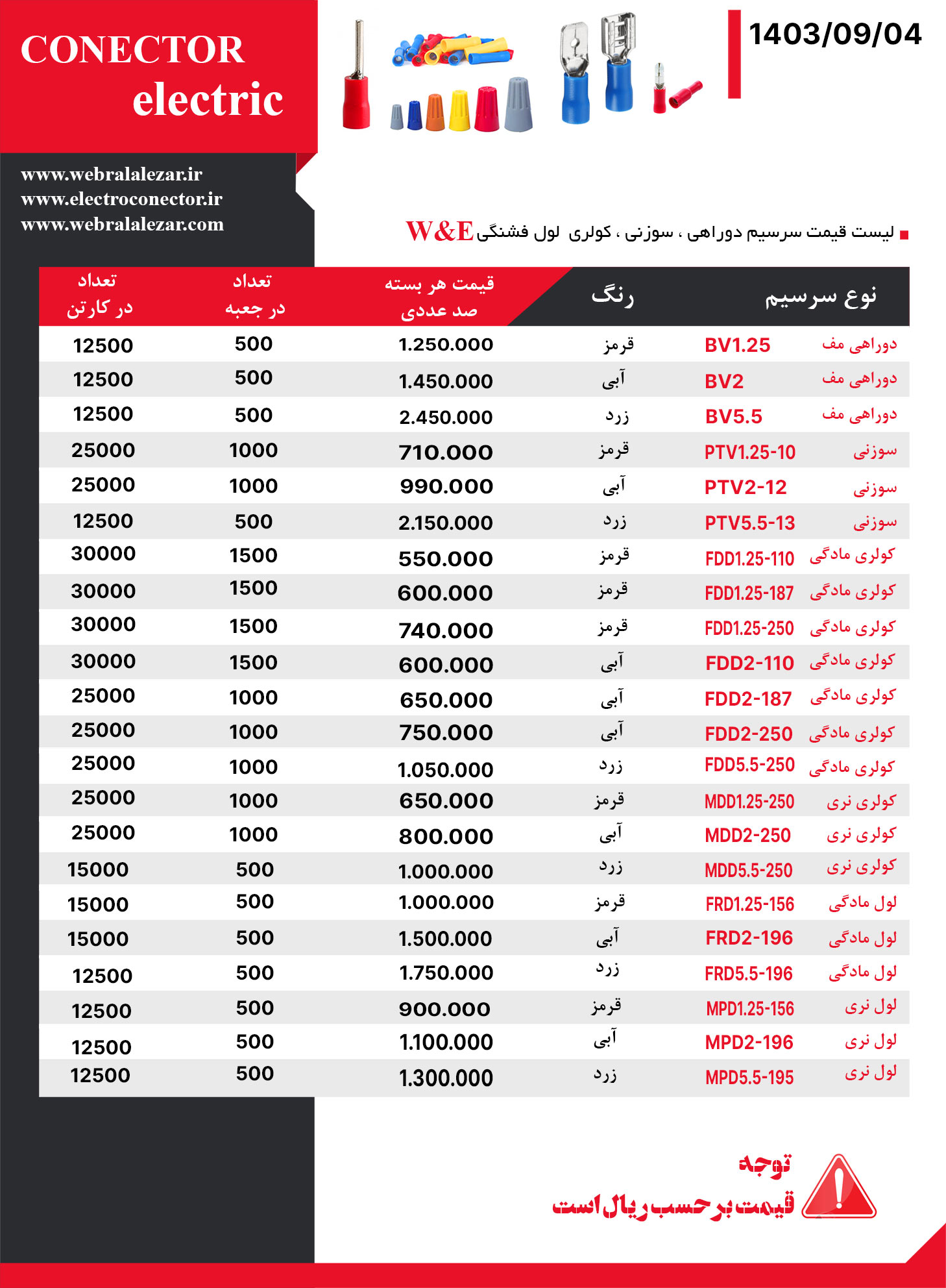 لیست-قیمت-سرسیم-دوراهی،سوزنی،کولری-و-کانکتور-پیچی-کانکتور