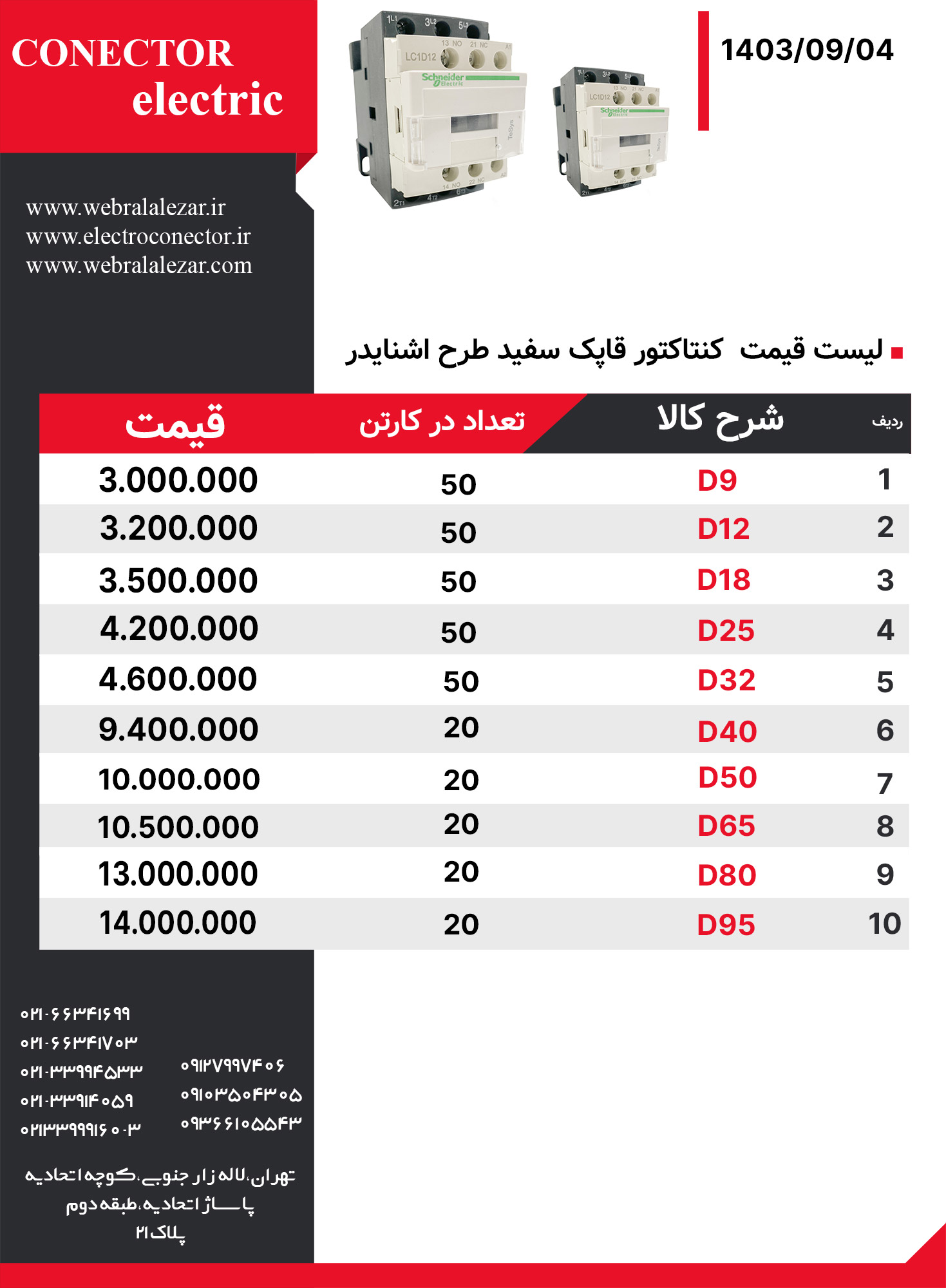 لیست-قیمت--کنتاکتور-قاپک-سفید-طرح-اشنایدر-کانکتور